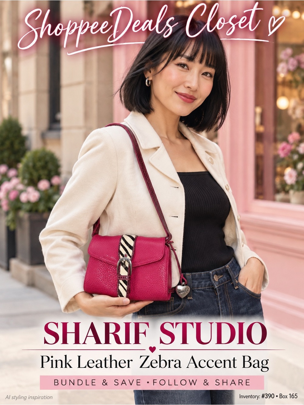 Sharif Studio Hot Pink Leather Zebra Accent Organizer Shoulder Bag